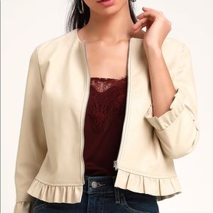 Lulu's • Madelene Cream Ruffled Vegan Leather Three-Quarter Sleeve Jacket